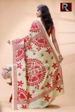 Kantha Stitch Work on Art Silk Saree light green - Image 3