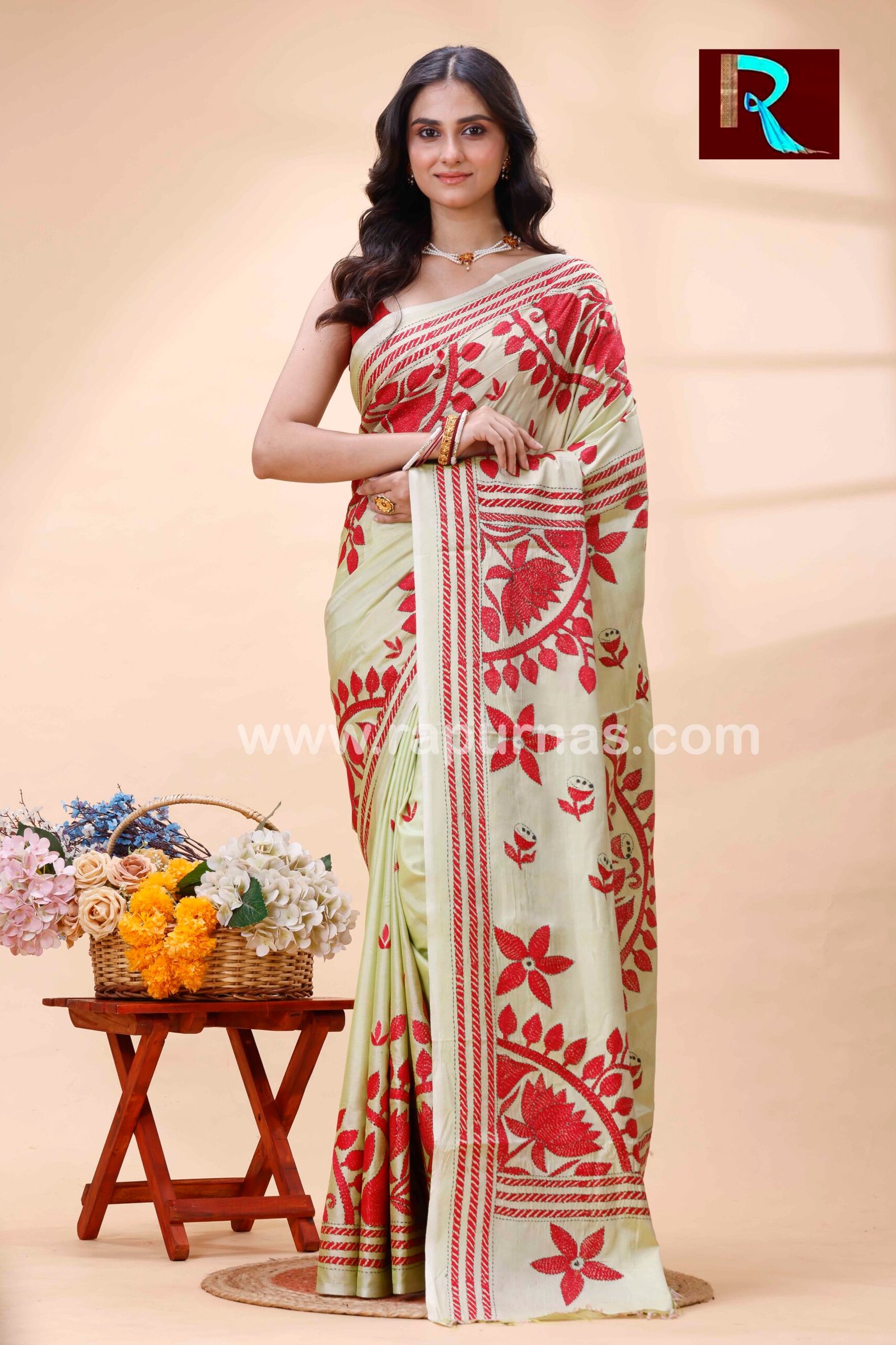 Kantha Stitch Work on Art Silk Saree light green