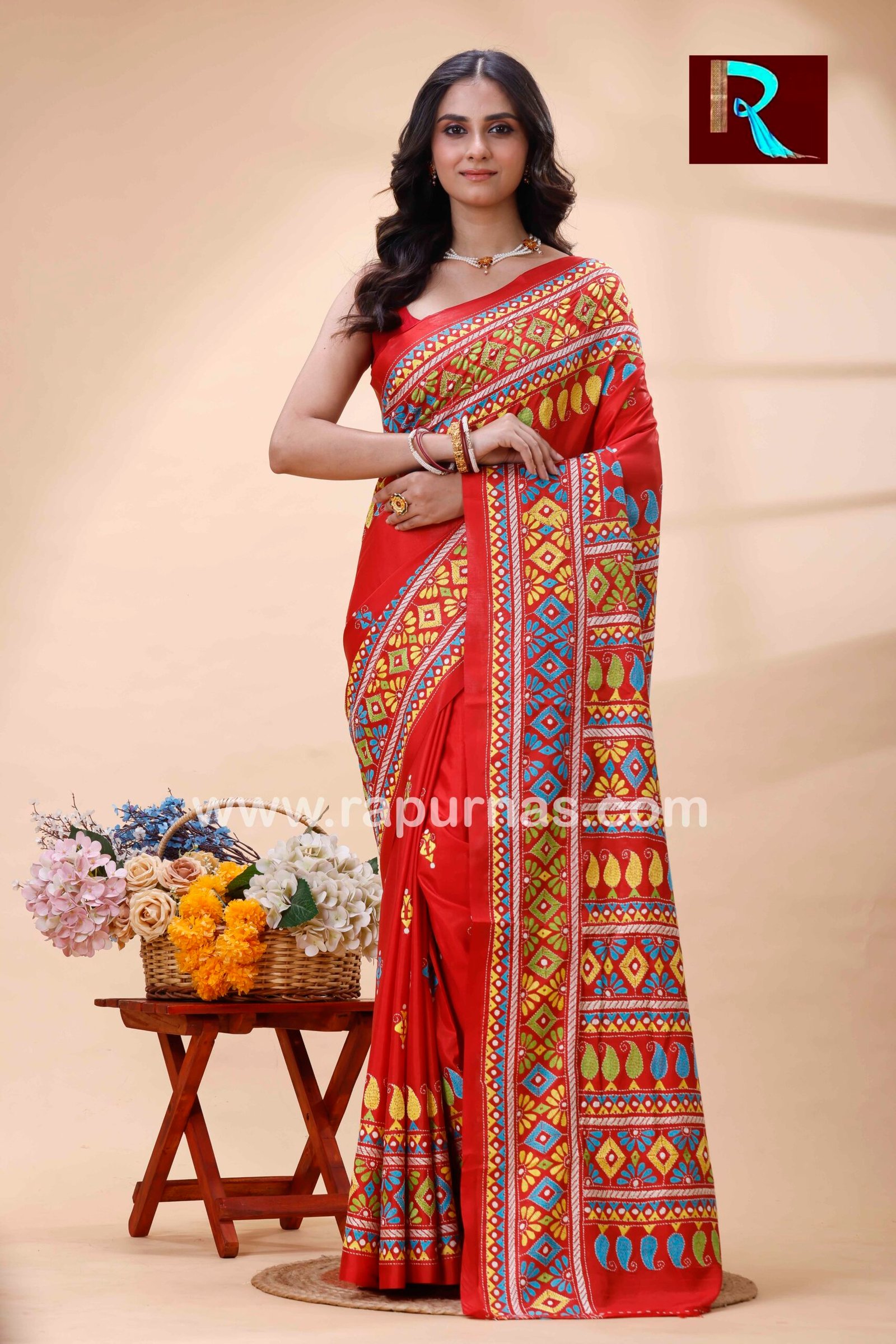 Kantha Stitch Work on Art Silk Saree