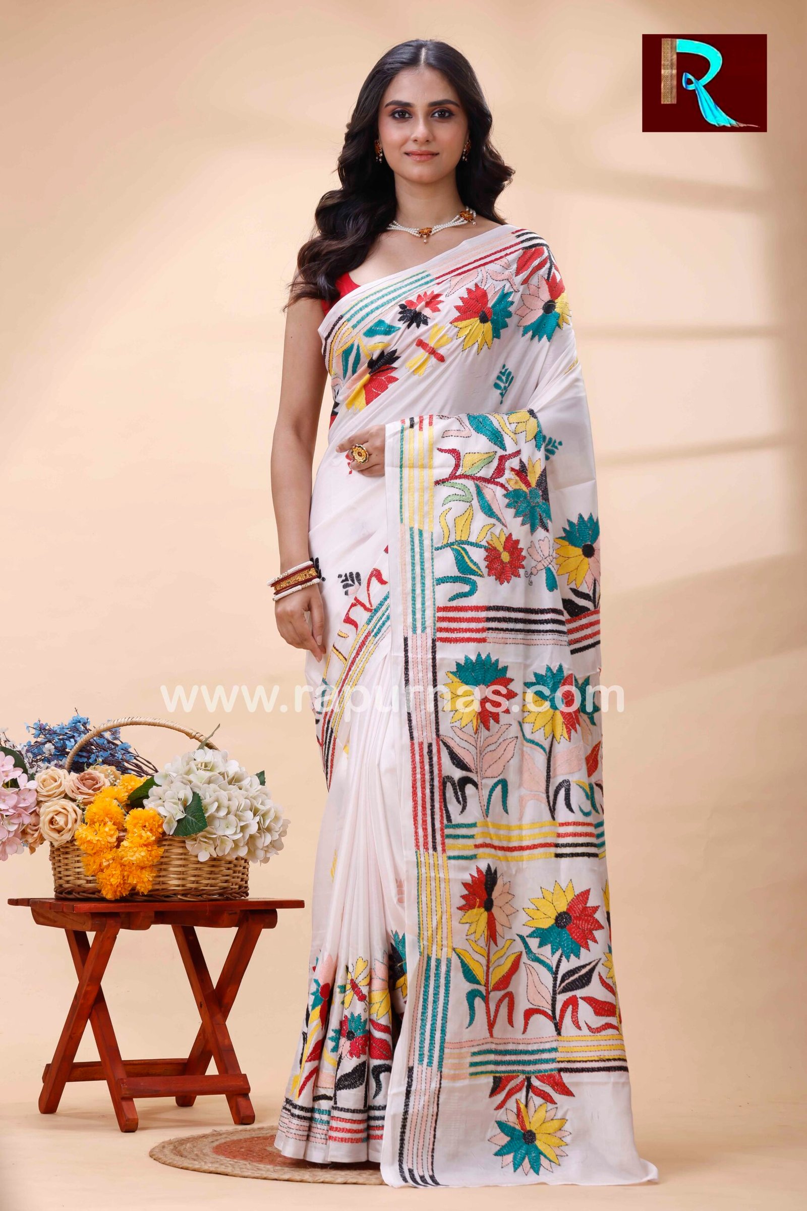 Kantha Stitch Work on Pure Tussar Silk Saree