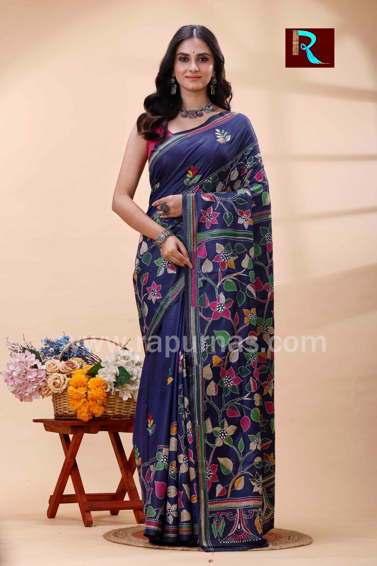 kantha-stitch-work-on-blended-silk-128-1 Kantha Stitch Work on Art Silk Saree - Image 1
