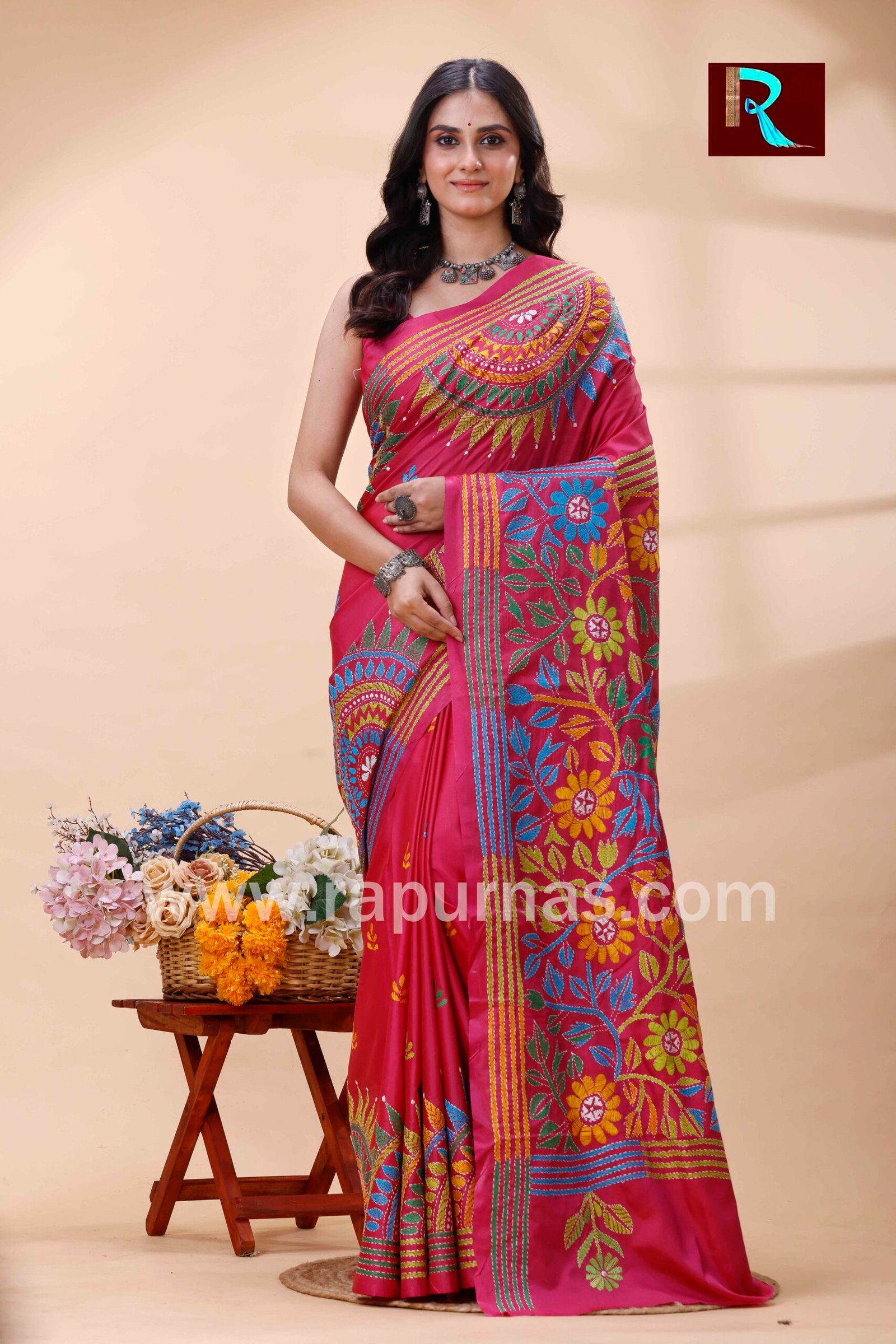 kantha-stitch-work-on-blended-silk-129-1 Kantha Stitch Work on Art Silk Saree - Image 1