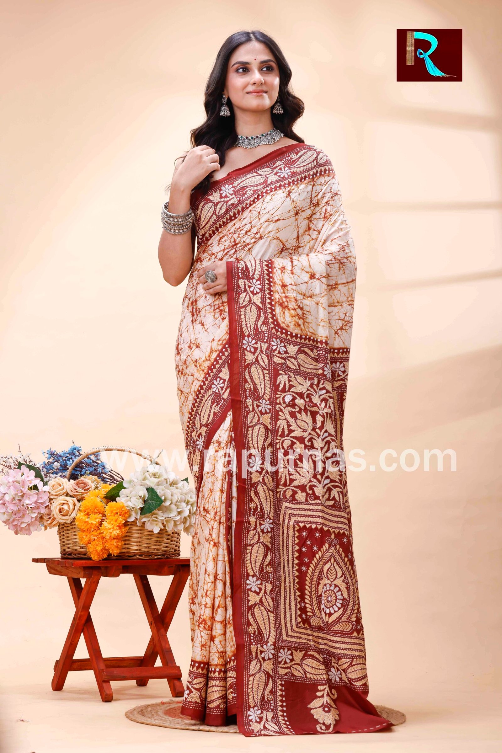 Kantha Stitch Work on Bangalore Silk Saree with hand batik