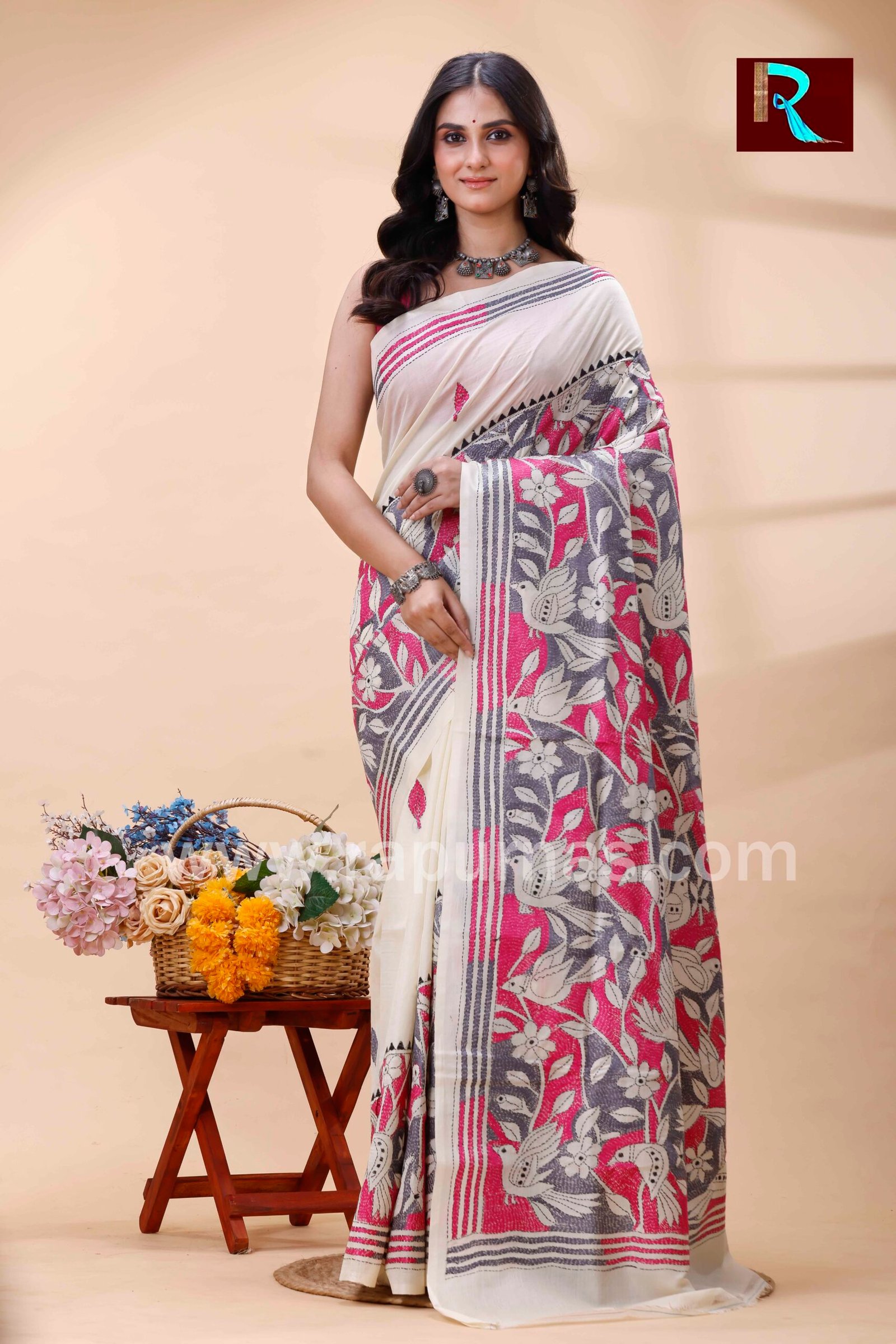 Kantha Stitch Work on Pure Tussar Silk Saree
