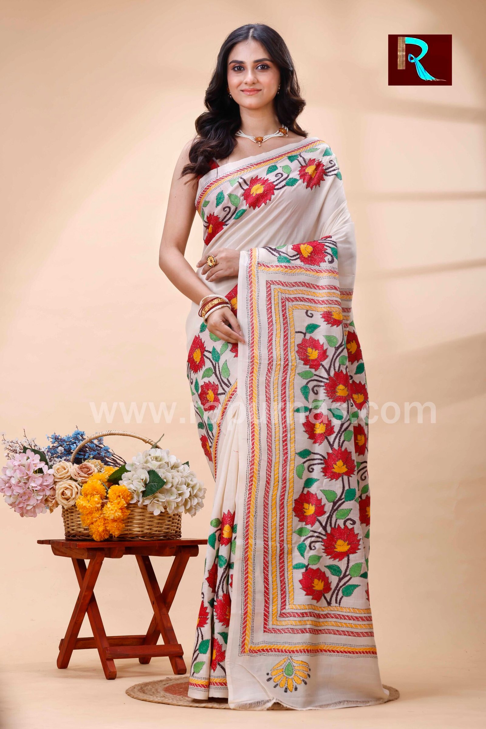 Kantha Stitch Work on Pure Tussar Silk Saree