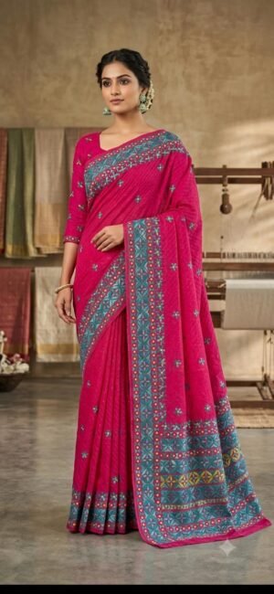 Kathiawari work on soft Jamdani Saree