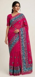 Kathiawari work on soft Jamdani Saree - Image 3