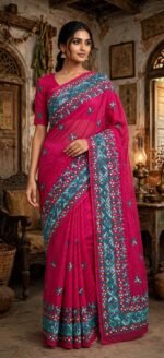 Kathiawari work on soft Jamdani Saree - Image 4