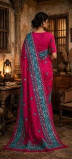 Kathiawari work on soft Jamdani Saree - Image 5