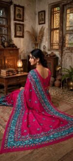 Kathiawari work on soft Jamdani Saree - Image 6