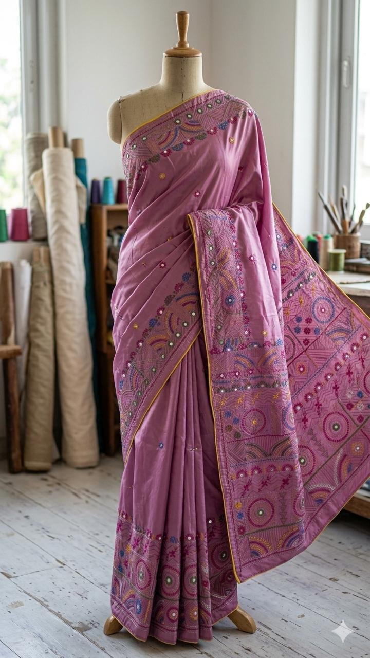 lambani-saree-21-1 Lambani Embroidery on Blended Silk Saree - Image 1