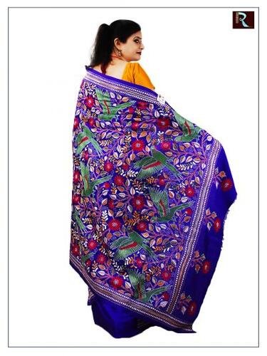 Pure Bangalore Silk Saree with Kantha Stitch embroidery