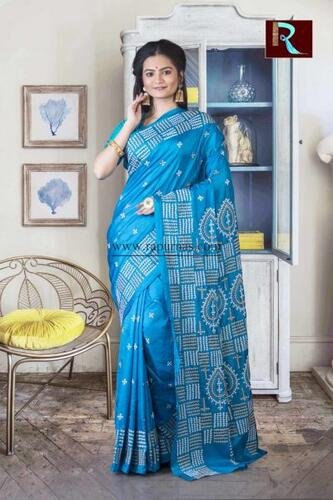 Gujrati Stitch work on Pure Bangalore Silk Saree of sky blue color3