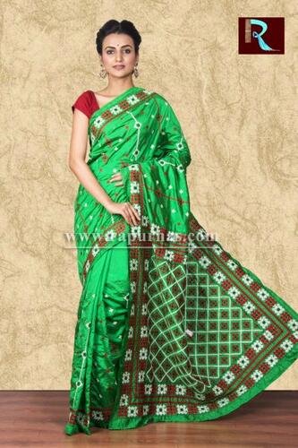 Gujrati Stitch work on Art Silk Saree of bright green color