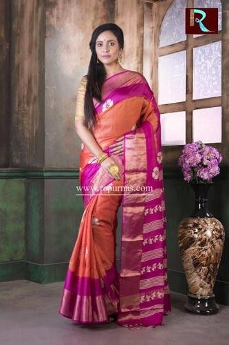 Zari paar Printed Tussar Silk Saree of orange and rani combo
