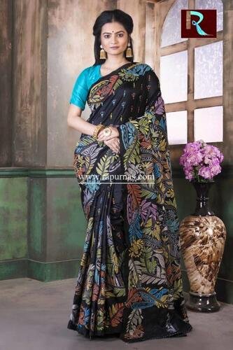 Kantha Stitch work on Pure Bangalore Silk Saree of Black color